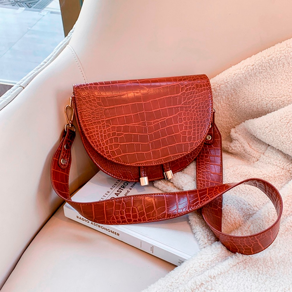 Elegant Crocodile Pattern Crossbody Bag For Women Half Round Solid Pu Leather Luxury Handbag Women Bag Designer Shoulder Bag #38