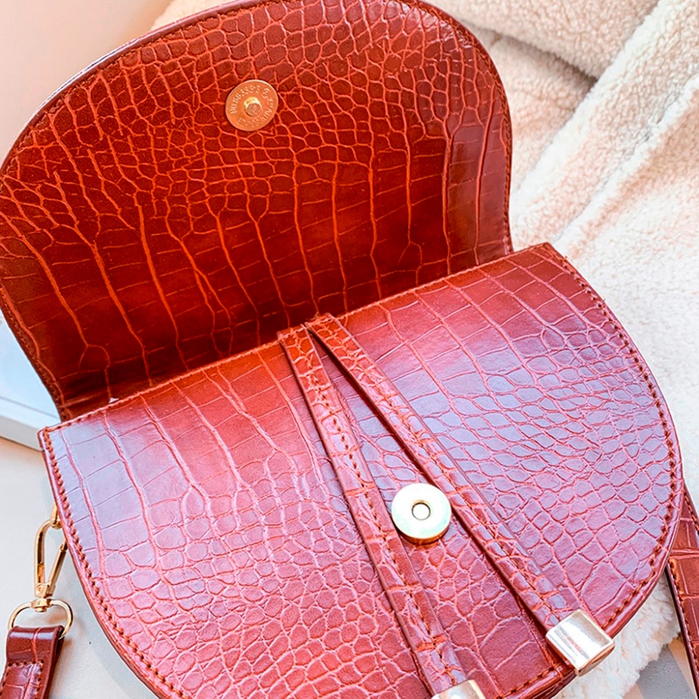 Elegant Crocodile Pattern Crossbody Bag For Women Half Round Solid Pu Leather Luxury Handbag Women Bag Designer Shoulder Bag #38
